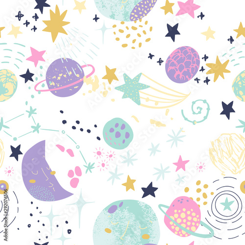 Cartoon cosmic background: cute planets, moon, shooting stars, galaxy, milky way.
