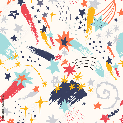 Colorful starry sky background: shooting stars, constellations, galaxy, milky way