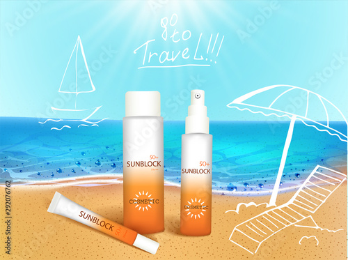 Vector illustration. 3d bottles with sun protection cosmetic products on tropic beach with hand draw doodle element. Sunblock cream and tanning oil spray bottle. Template, for magazine or ads