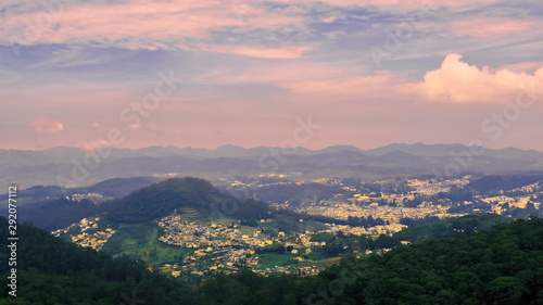 scenic landscape of ooty hill station from doddabetta peak (highest peak of nilgiri mountains and 2nd highest of south india) in ooty in india photo