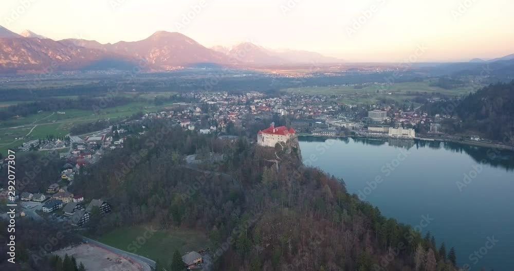 Aerial sunrise view of Bled Lake Caste in Slovenia, right pan. Aerial sunrise view of Bled Lake Caste in Slovenia, right pan.