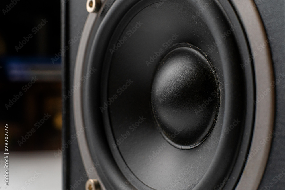 close up macro of black dynamic of sound audio speaker monitors in studio close up macro of black dynamic of sound audio speaker monitors in studio