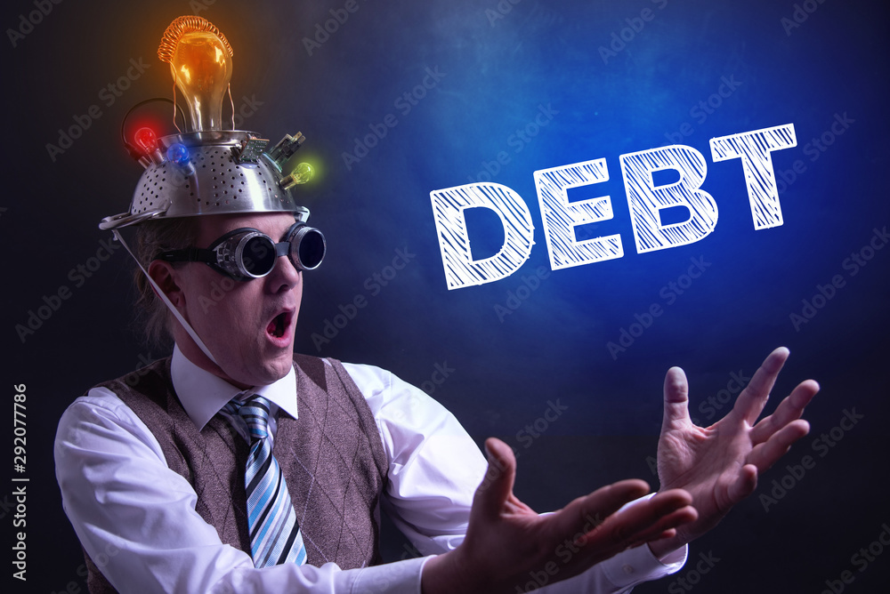 Nerd with tin foil hat presenting the word Debt symbol Nerd with tin foil hat presenting the word Debt symbol