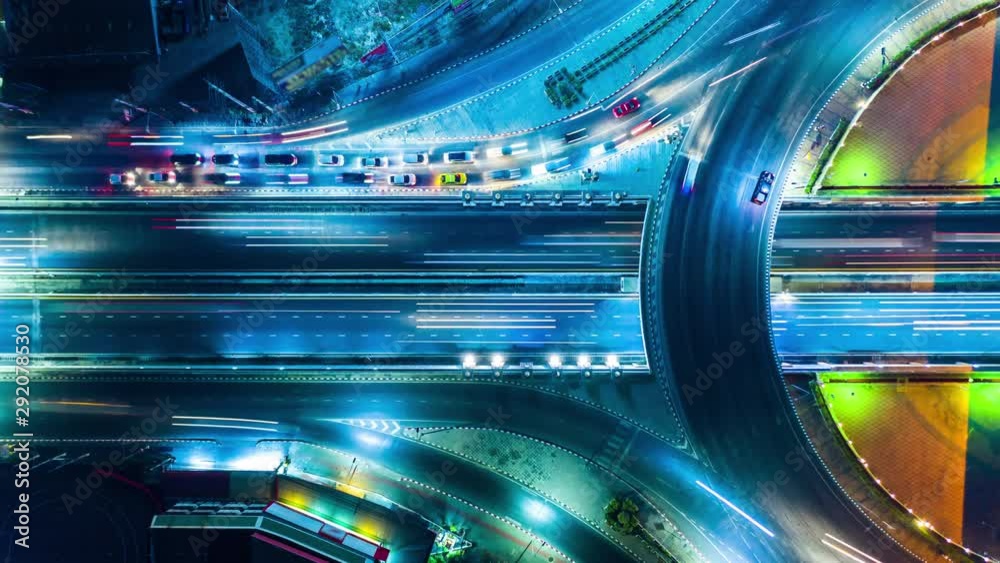 The aerial shot circle road, Traffic in city at night, bangkok, thailand.