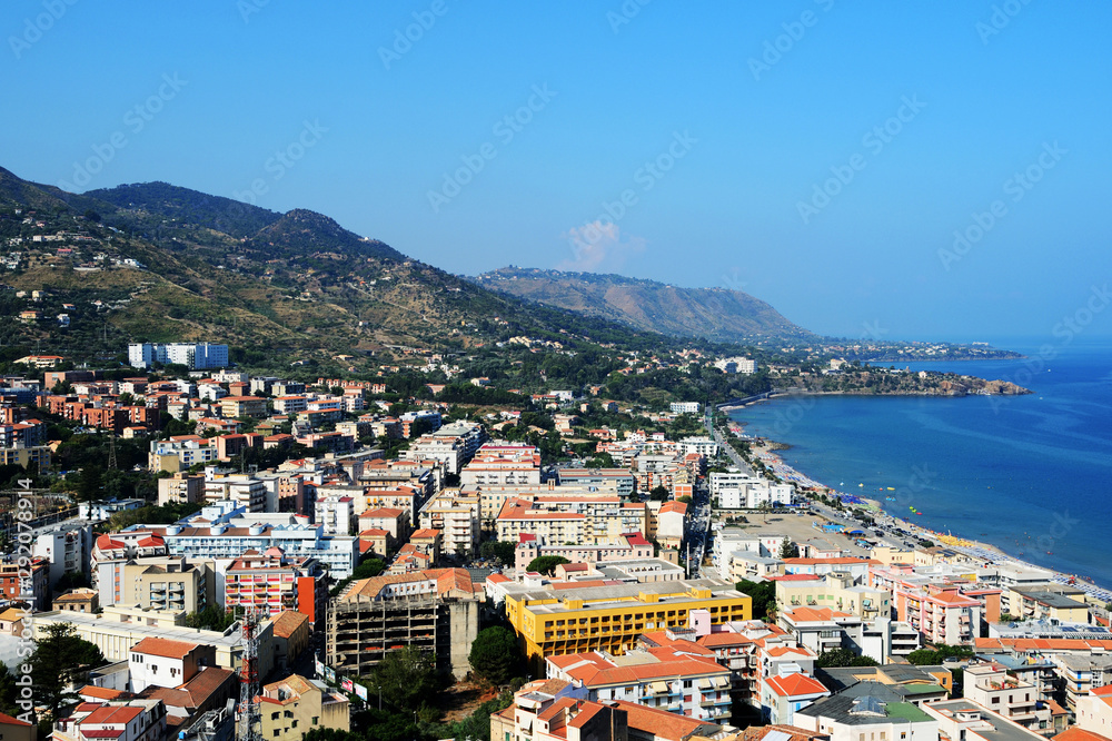 Beautiful view of Cefalu town from the Rocca di Cefalu in the early morning. Sicily, Italy