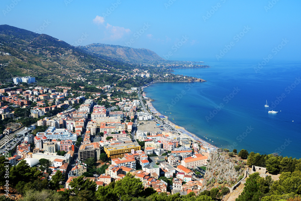 Beautiful view of Cefalu town from the Rocca di Cefalu in the early morning. Sicily, Italy