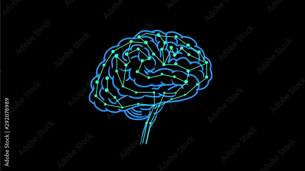 2d Animation motion graphic low polygon mesh or wireframe of a human brain with electrical circuitry scan being scanned for deep learning on black screen in HD high definition.