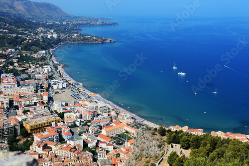 Beautiful view of Cefalu town from the Rocca di Cefalu in the early morning. Sicily, Italy