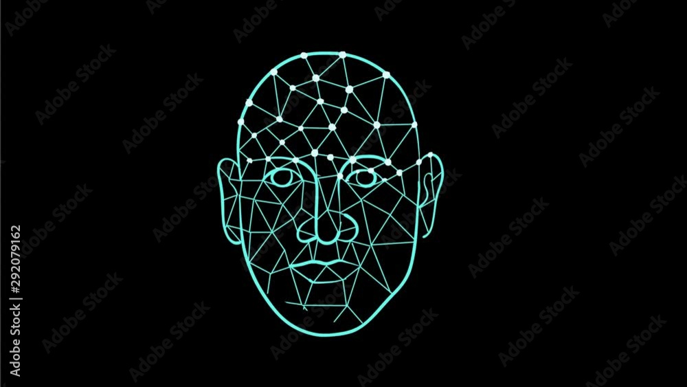 2d Animation motion graphic low polygon mesh or wireframe of a male human face scanned for biometric, face or facial identification recognition on black screen in HD high definition.