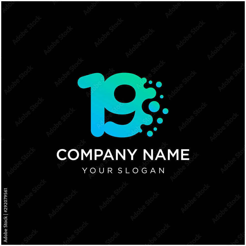 Number 19 with dot shape. molecule and Lab Logo Design Element. perfect for technology,software, network and science brand. Liquid gradient shape, Alphabet ecology with water and dew drops. - vector