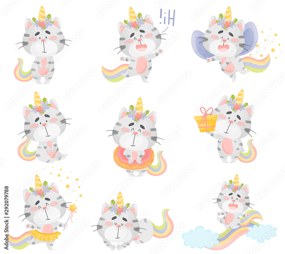 Set of cute cats unicorns. Vector illustration on a white background.