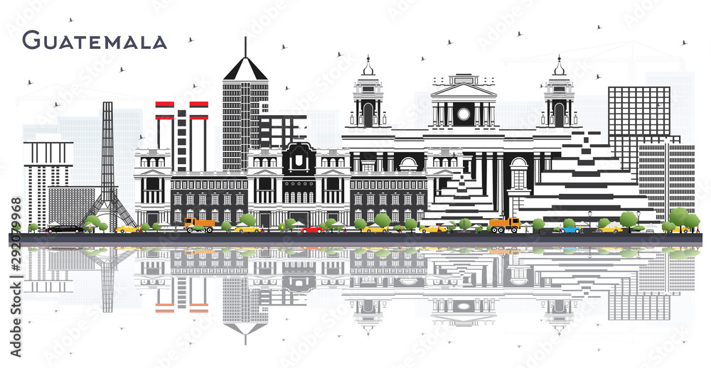 Guatemala City Skyline with Gray Buildings and Reflections Isolated on White.