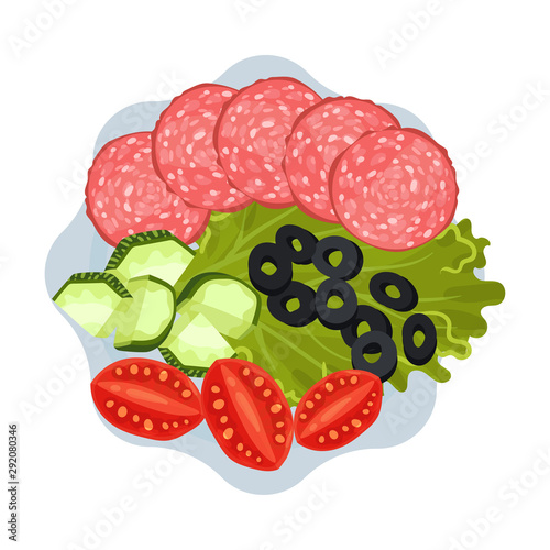 Sliced sausage and slices of vegetables on a round plate with wavy edges. Vector illustration.
