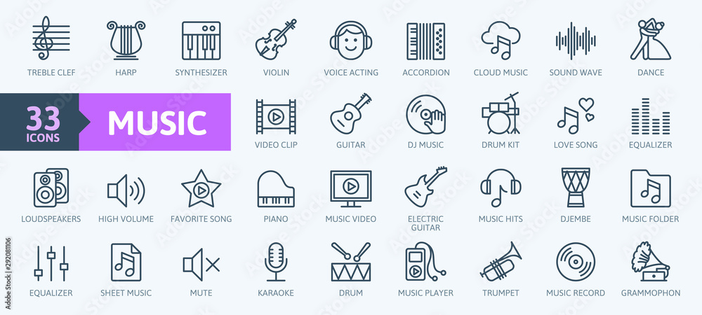 Music web icon set - outline icon set, vector, thin line icons collection - obrazy, fototapety, plakaty 