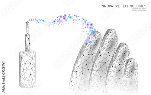 Low poly modern nail polish care technology. Innovative spa salon mani hand fingertips strengthener formula. Nail protection shield female cosmetics ad concept vector illustration