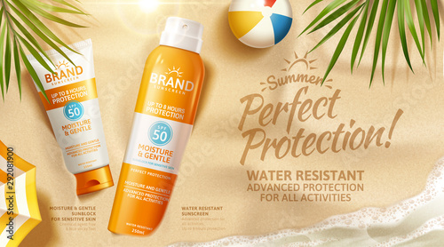 Summer sunscreen spray and cream ad