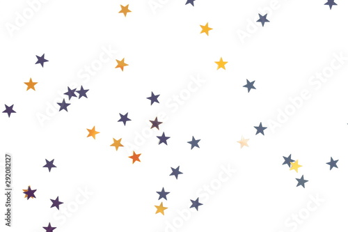 Holiday, festive, Christmas background. Gold, black, silver stars confetti pattern on white background top view.