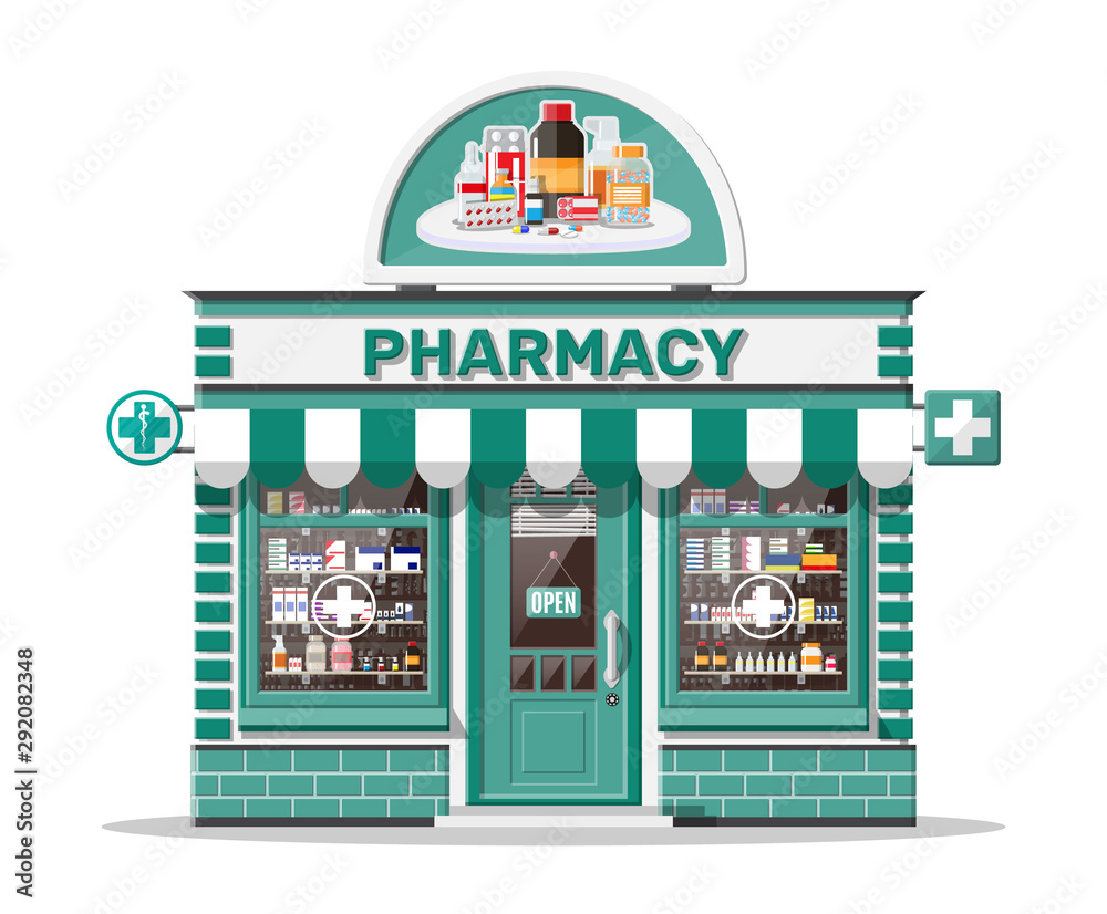 Facade pharmacy store with signboard. Exterior of drugstore. Medicine pills capsules bottles vitamins and tablets on showcase. Storefront shop building, street architecture. Flat vector illustration