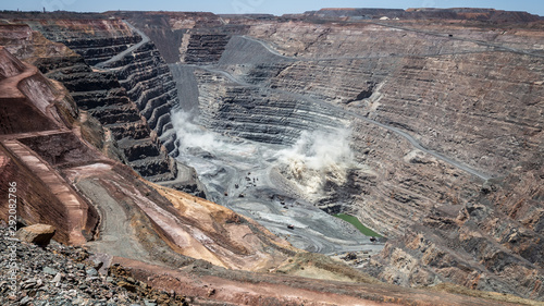Blasting in the bottom of the Kalgoorlie Super Pit, one of the largest gold mines in the World. Gold was discovered in Kalggorlie in 1892.