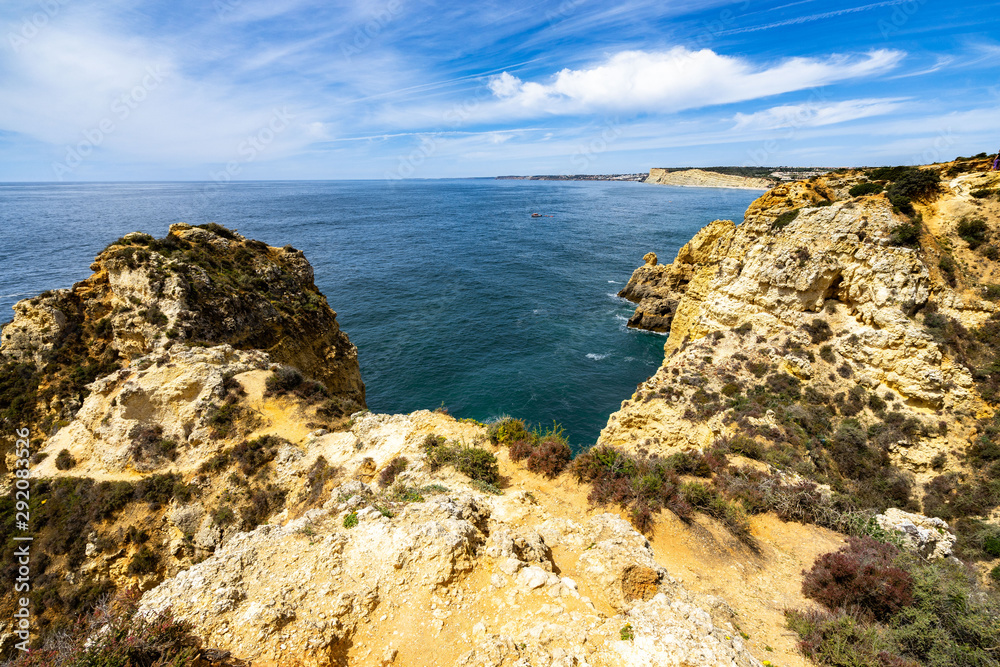 Landscape of Algarve coastline from Ponta da Piedade looking toward Cape Sagres, Portugal