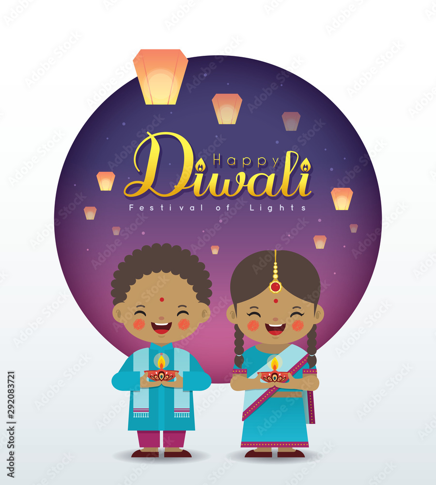 Deepavali or Diwali greeting card. Cartoon Indian girl & boy holding diya  (india oil lamp) with sky lanterns in flat vector illustration. (caption:  Festival of Lights) Stock Vector | Adobe Stock