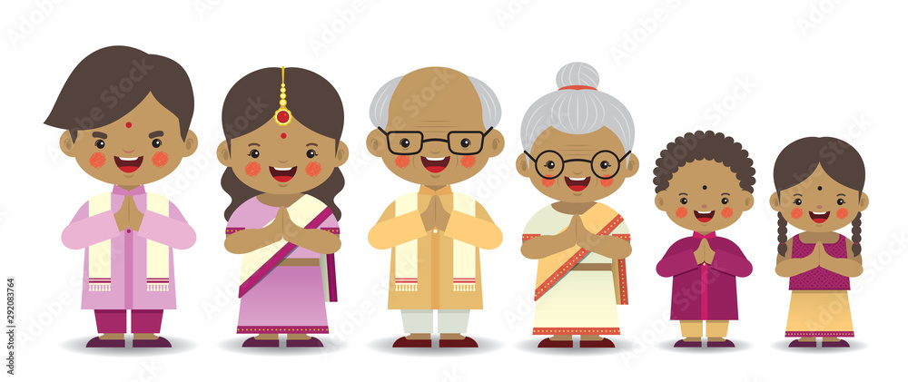 Set of cute cartoon indian family isolated on white background. Diwali or  deepavali character in flat vector design. Father, mother, grandfather,  grandmother, brother & sister. Stock Vector | Adobe Stock