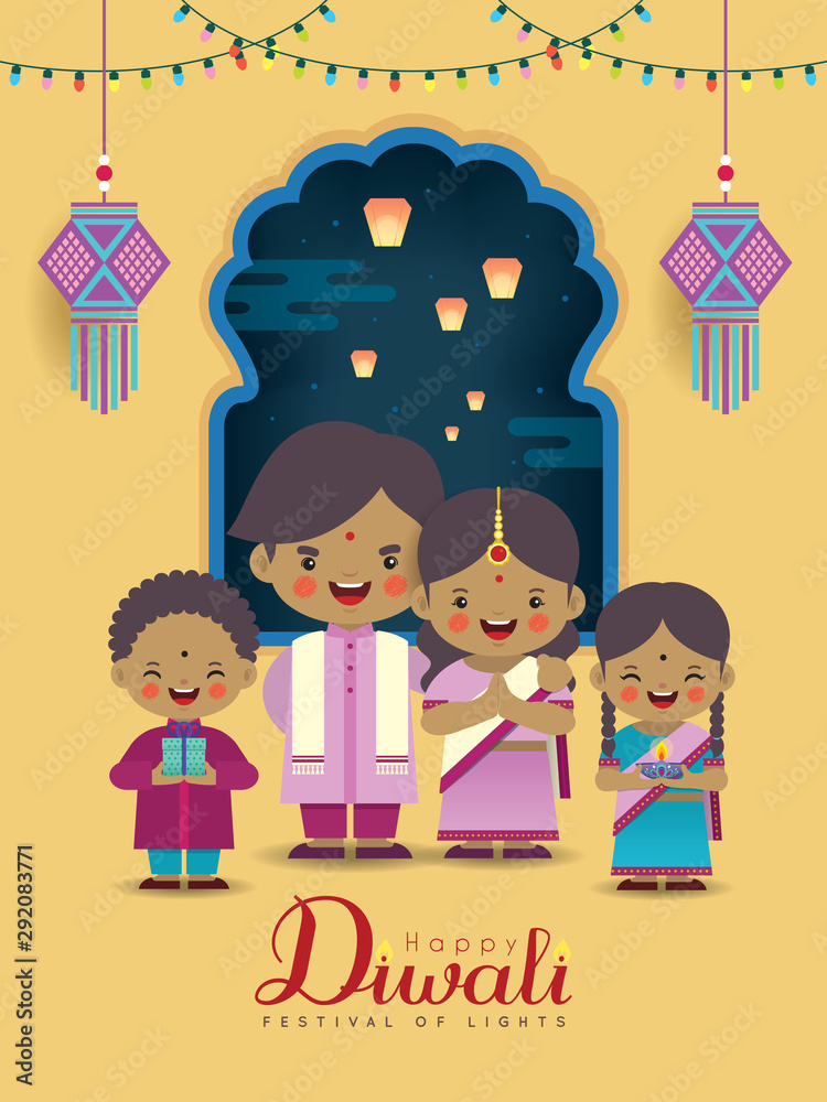 Diwali or Deepavali greeting card. Cartoon Indian family with colorful  light bulbs, kandil (india lantern), diya (oil lamp) & window frame in flat  vector illustration. (caption: Festival of Lights) Stock Vector |