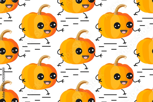 Seamless vector pattern. Cute running cartoon pumpkin on a white background. Vegetables in the style of kawaii. Halloween pumpkins template.  Background, Wallpaper. Funny prints with vegetables.