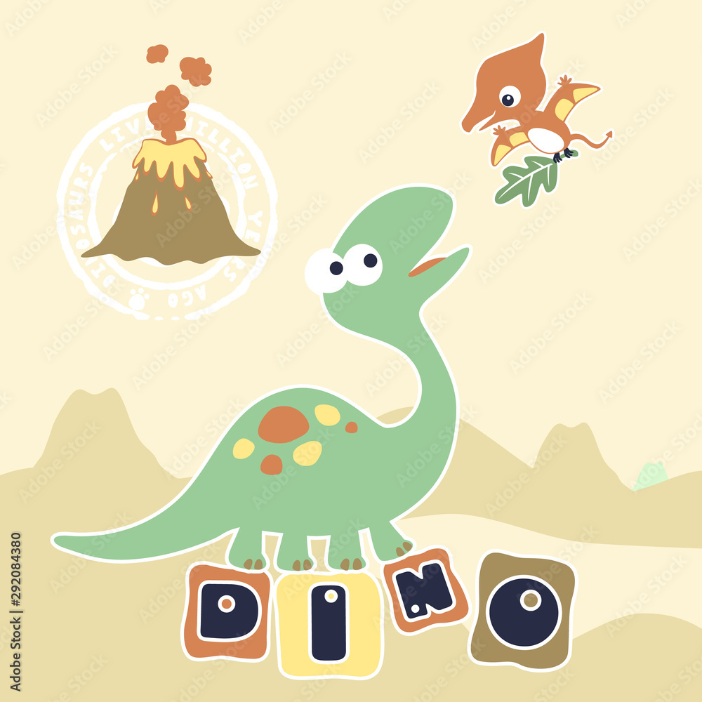 vector cartoon of dinosaurs, brontosaurus with pterodactyl