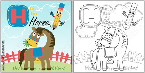 cartoon of funny horse with pencil on garden, coloring book or page