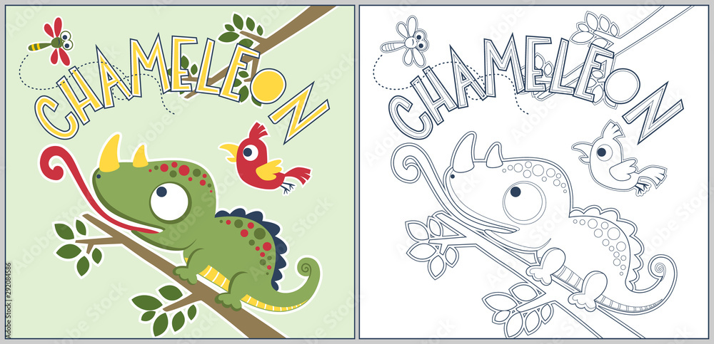 Chameleon's on tree branch hunt dragonfly with a bird, vector cartoon, coloring page or book Chameleon's on tree branch hunt dragonfly with a bird, vector cartoon, coloring page or book
