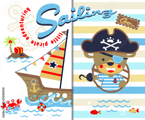 Sailing with funny pirate, sailboat, marine animals. Graphic t shirt, vector cartoon illustration