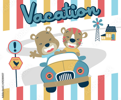 vector cartoon of animals vacation with tiger and bear on little car