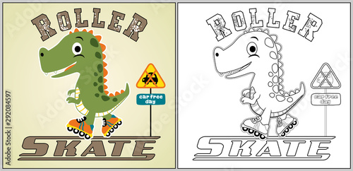 play roller skate with dino, vector cartoon, coloring page or book