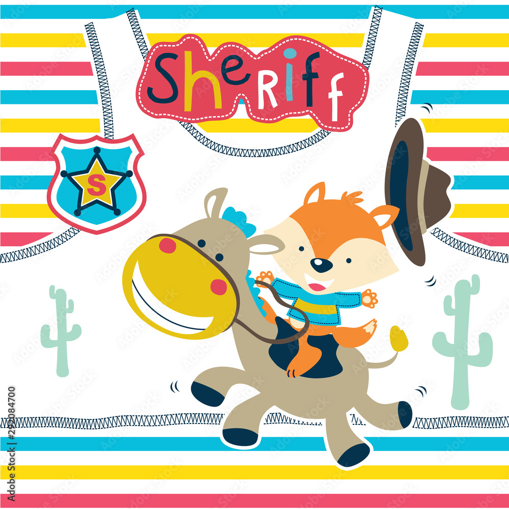 vector cartoon of funny sheriff, fox ride on smiling donkey