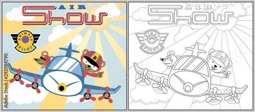 air show cartoon with bear and mouse  coloring book or page