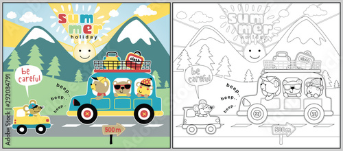 animals travel cartoon on mountain landscape background, coloring book or page