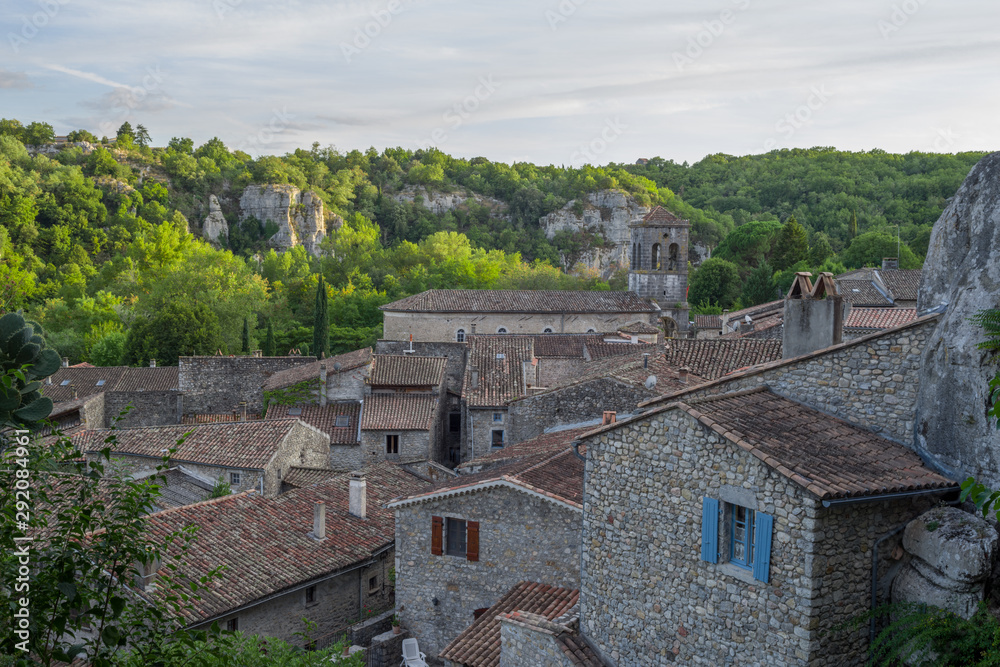 Image of the Labeaume village above the rooftops, Ardèche, France.