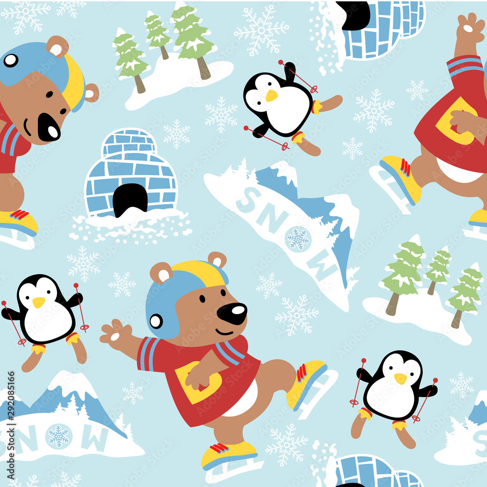 seamless pattern of bear and penguin cartoon playing in snow