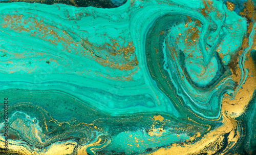 Liquid uneven blue and green marbling pattern with golden glitter and glare of light © anya babii
