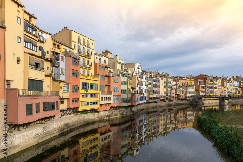 Girona. Spain. River Onyar.  riverside with colorful houses