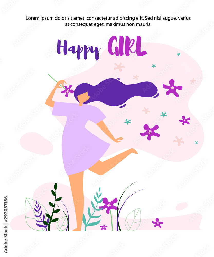 Obraz premium Happy Girl Walking on Lawn and Smelling Flower.