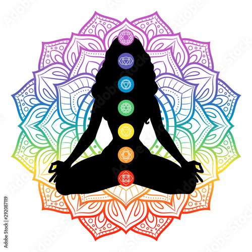 Seven chakras on meditating yogi woman silhouette, vector illustration