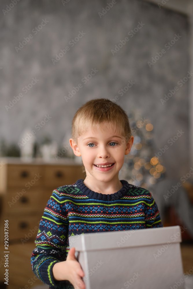 Fototapeta premium portrait of smiling boy with box of present indoors