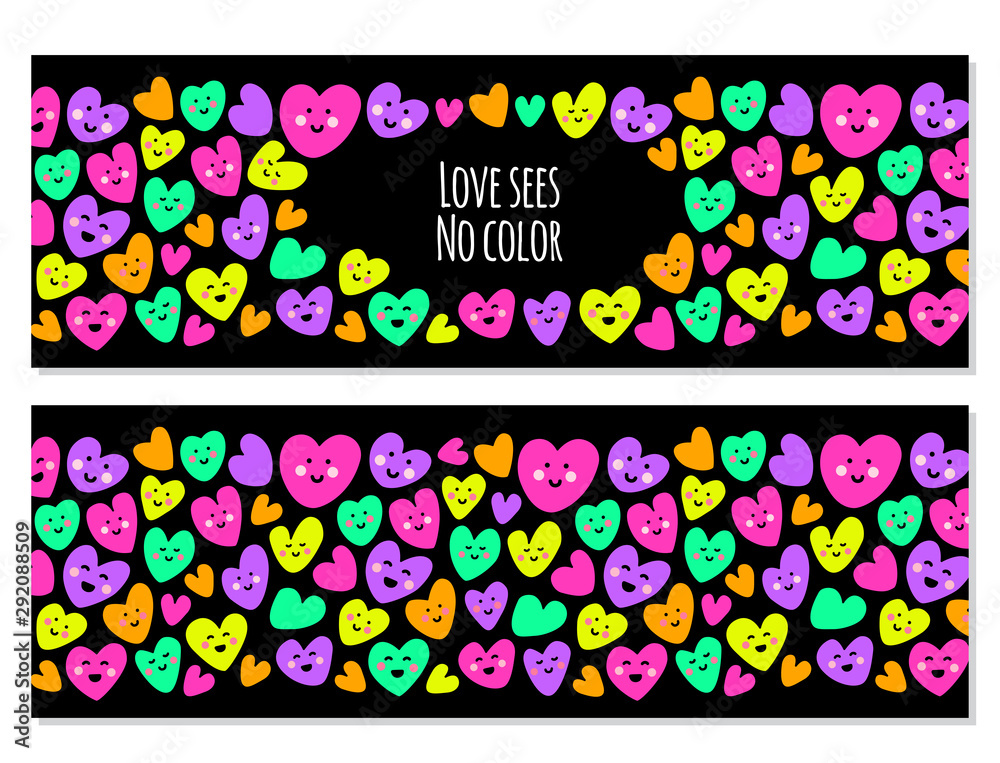 Cute set of childish backgrounds with funny kawaii cartoon characters of hearts in 80s style
