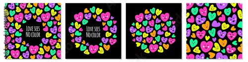 Cute set of childish backgrounds with funny kawaii cartoon characters of hearts in 80s style