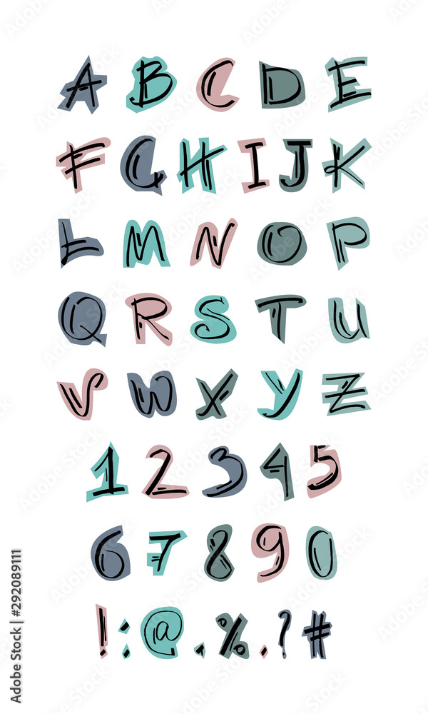English alphabet. The set of letters, numbers and signs is manually drawn with a felt-tip pen. Vector color isolated illustration on white.