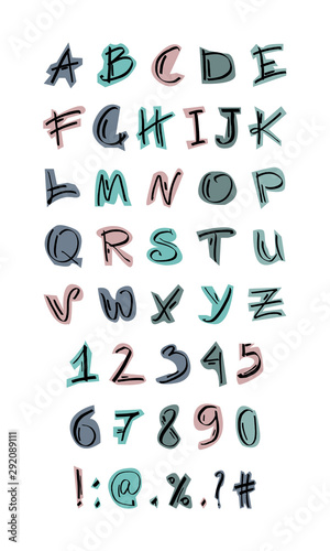 English alphabet. The set of letters  numbers and signs is manually drawn with a felt-tip pen. Vector color isolated illustration on white.