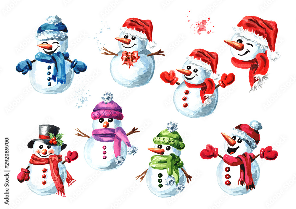 Cheerful cute happy snowmen in cap, scarf and mittens set. Watercolor hand drawn illustration isolated on white background