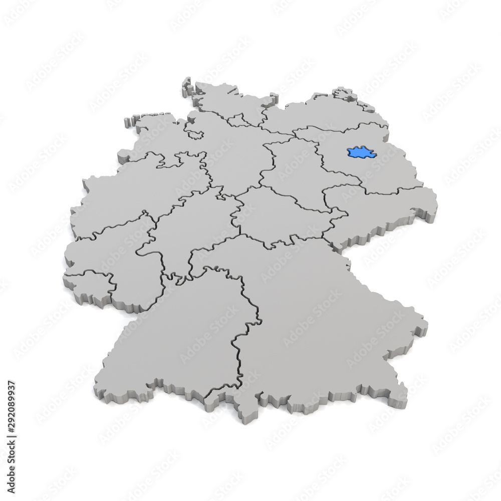 3d Illustation - Deutschlandkarte in grau mit Fokus auf Berlin in blau - 16 Bundesländer